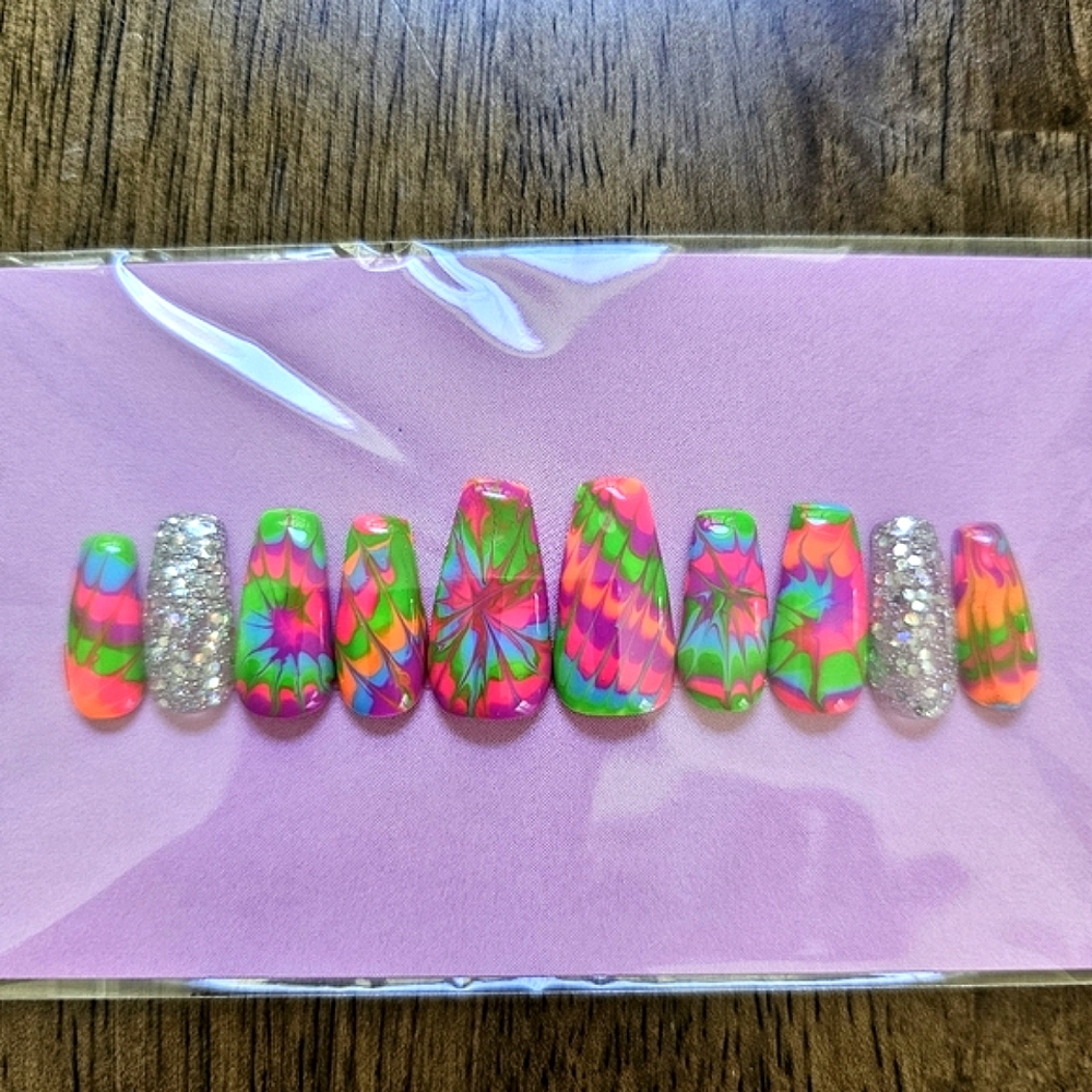Neon Tie Dye and Glitter Press-On Nails - Picture 3 of 7